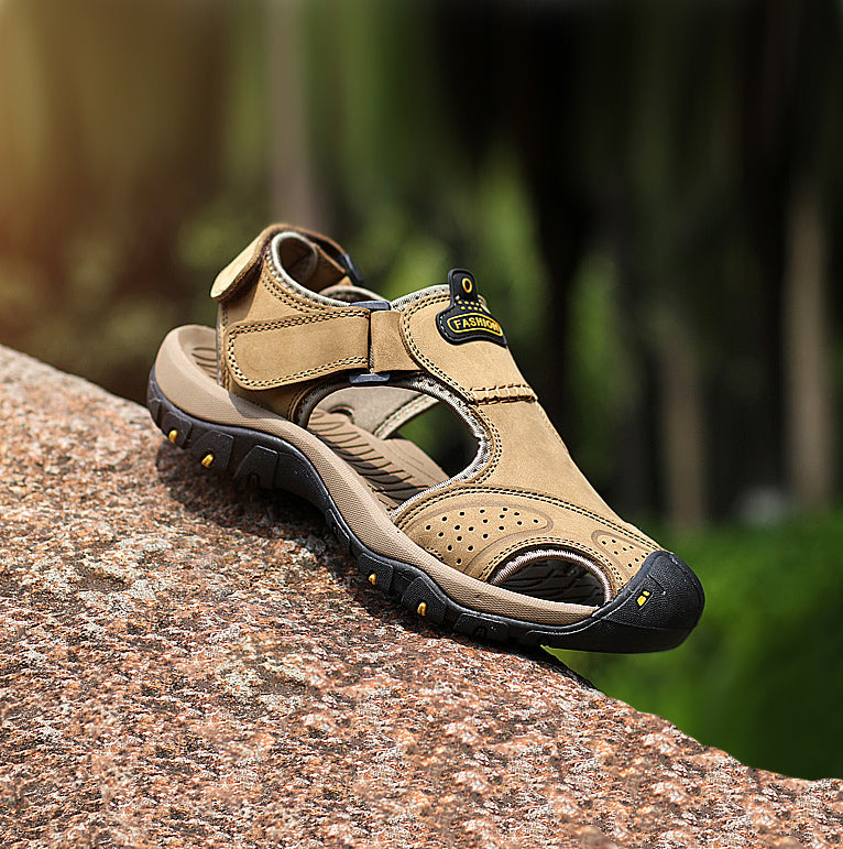 Beige Men's Leather Hiking Sandals on a white surface
