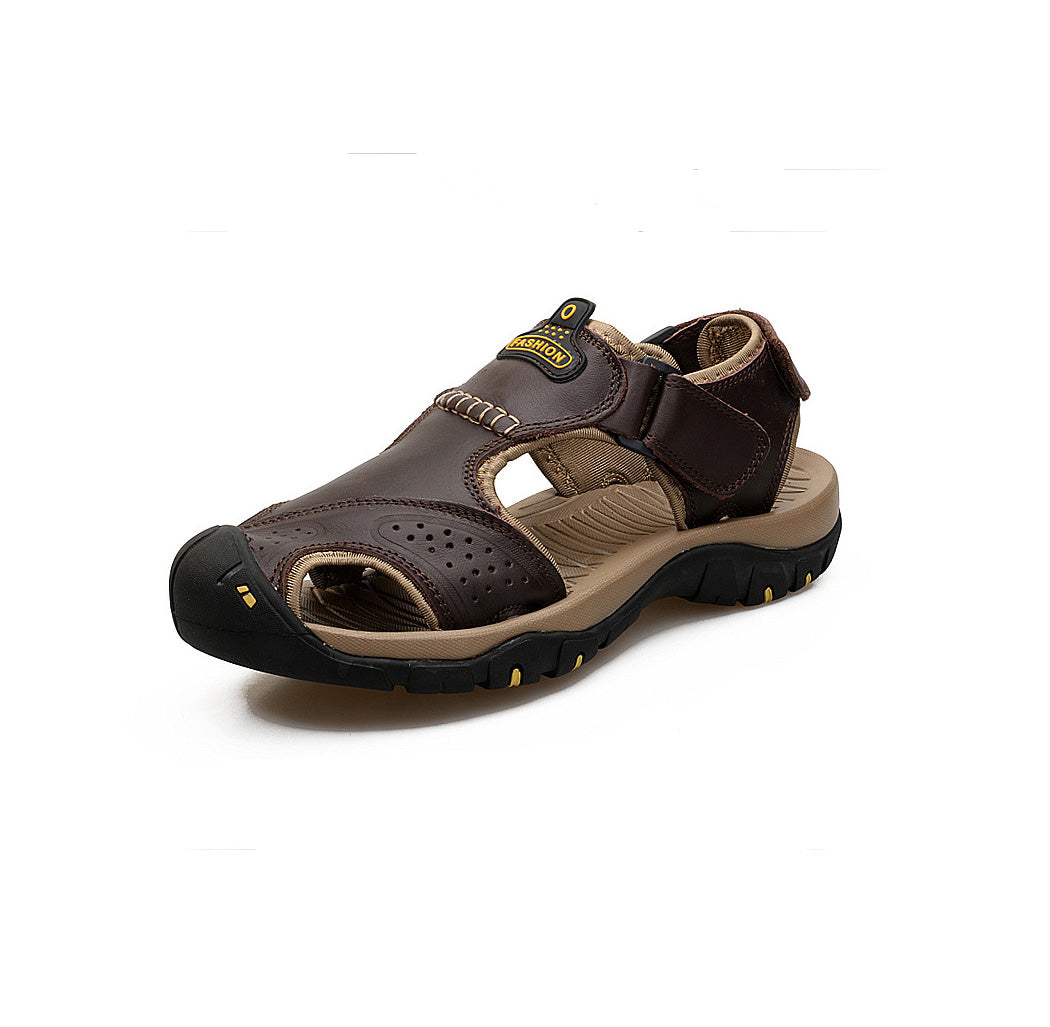 Brown Men's Leather Hiking Sandals on a white surface