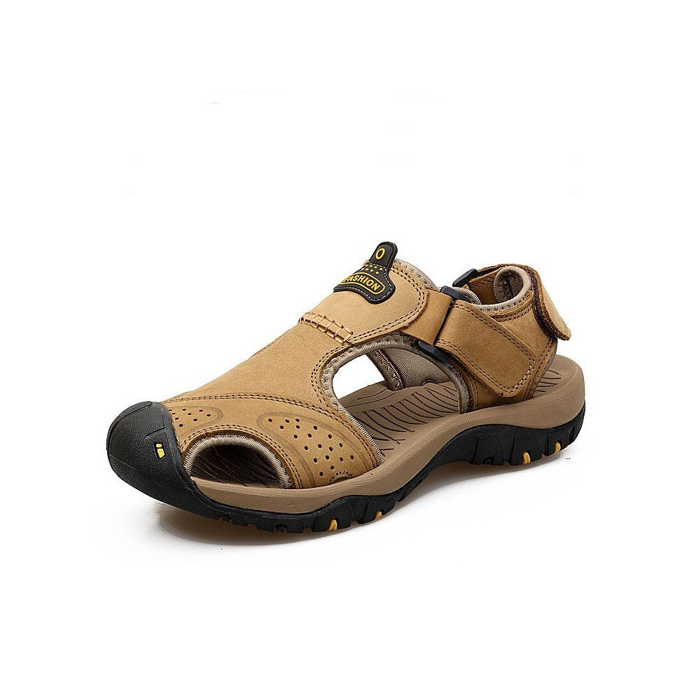 Beige Men's Leather Hiking Sandal on a white surface