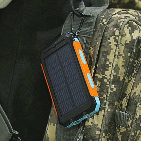 Portable Solar Panel Power Bank attached to the backpack.